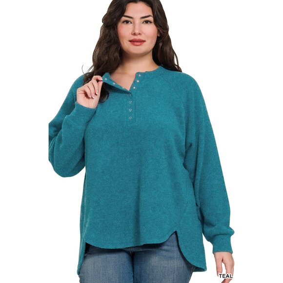 Sweaters - B11 Plus brushed melange hacci oversized 7-button henley placket sweater